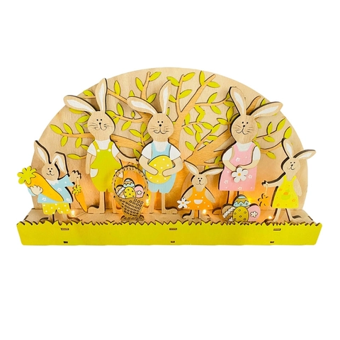 Ornamento LED in Legno di Pasqua Silhouette di Coniglio e Uova in Bosso Multistrato Decorazione da Scrivania Luce Bianca Calda