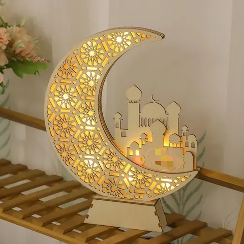 Eid Mubarak Décoration LED en Bois Lune Ornement Ramadan Islamique Silhouette de Mosquée Veilleuse en Bois pour Maison