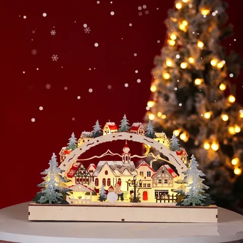 Hölzerner Weihnachts-LED-Lichterbogen 3D-Laser-Schnitt Dorf-Szene Batteriebetrieben Warmweiß Festliche Desktop-Dekoration