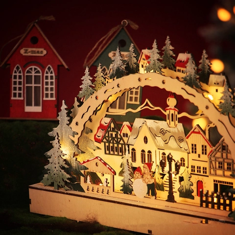 Hölzerner Weihnachts-LED-Lichterbogen 3D-Laser-Schnitt Dorf-Szene Batteriebetrieben Warmweiß Festliche Desktop-Dekoration