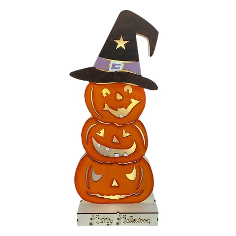 Ornamento LED in Legno a Forma di Zucca per Halloween Tre Livelli di Zucche Con Cappello da Mago Taglio Laser Decorazione