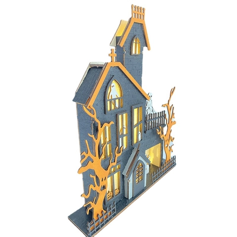 Ornement Lumineux LED en Bois Maison Hantée Halloween Décoration de Bureau en Buis à Couches Avec Fantôme Citrouille Squelette