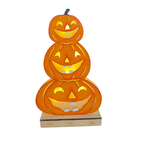Halloween Décoration en Bois LED Citrouilles Superposées En Buis Jack-O-Lantern Décor De Table Avec Base En Bois Pour Maison