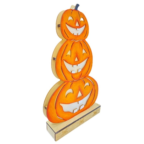 Halloween Décoration en Bois LED Citrouilles Superposées En Buis Jack-O-Lantern Décor De Table Avec Base En Bois Pour Maison