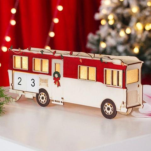 Calendario dell'Avvento a Forma di Autobus di Natale in Legno con LED Decorazione da Tavolo Ornamento per Feste Casa Rosso Bianco