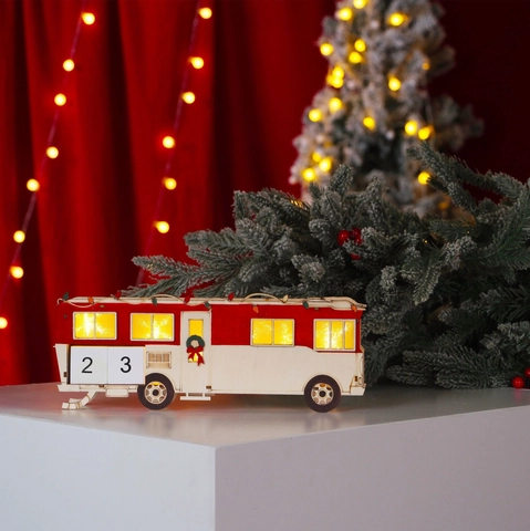 Calendario dell'Avvento a Forma di Autobus di Natale in Legno con LED Decorazione da Tavolo Ornamento per Feste Casa Rosso Bianco