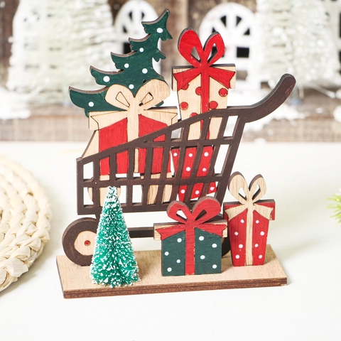 Décoration de Noël en Bois Rustique Caddie Miniature Sapin Boîtes Cadeaux Décoration de Table de Fête Maison