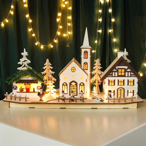 LED Verlicht Kerstdorp Scene Van Hout Met Kerk Huis En Sneeuwbomen Scandinavische Stijl Kerst Tafeldecoratie Feestelijk Thuiscadeau
