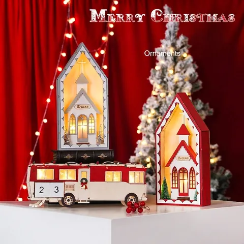 Orecchini Chiesa di Natale in Legno con Luci LED Decorazione da Scrivania in Legno per Casa Festa Natalizia Atmosfera Regalo