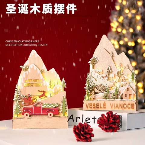 Adorno Navideño Luminoso de Madera LED Papá Noel Reno Camión Escena Multicapa Corte Láser Decoración Hogar Fiesta