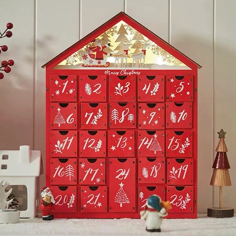 Wooden Christmas Advent Calendar House With LED Light Multiple Drawers Countdown Calendar Tabletop Decor For Holiday Home