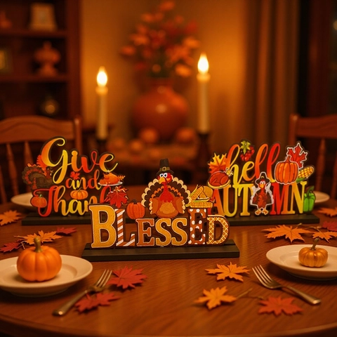 Thanksgiving Wooden Desktop Ornament Turkey Pumpkin Autumn Harvest Decorative Table Stand For Home Party Indoor Decor