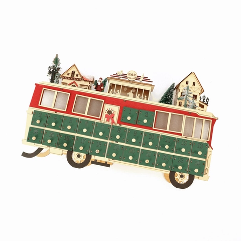 Creatieve LED Houten Adventskalender Busvorm Palmhout Kerst Aftellen Bureau Ornament Werkt op Batterijen Woondecoratie