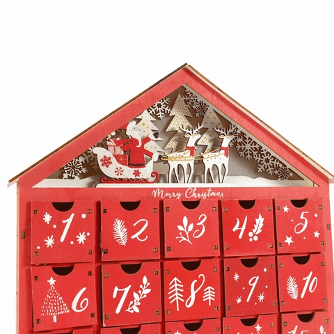 Wooden Christmas Advent Calendar House With LED Light Multiple Drawers Countdown Calendar Tabletop Decor For Holiday Home