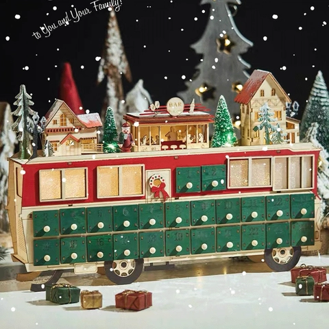Calendrier de l'Avent de Noël en Bois Compte à Rebours 24 Jours LED Illuminé Forme de Bus Peint Décoration de Table Maison