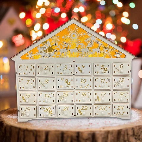 Calendario dell'Avvento di Natale in Legno Casa Con Luce LED Cassetti in Bosso Conto alla Rovescia Decorazione Natalizia