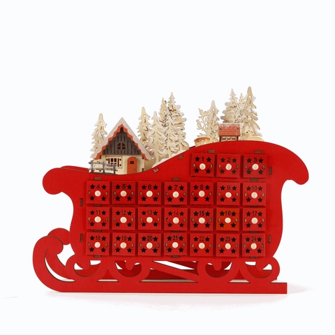 Hölzerner Weihnachts-Adventskalender LED Leuchtende Schlittenform Mit 24 Schubladen Für Feiertags-Countdown Heimdeko Geschenk