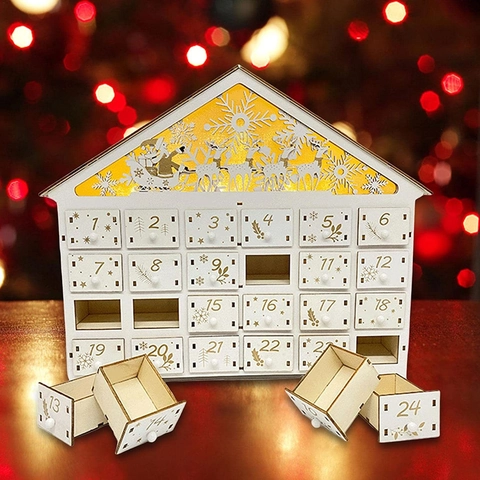 Calendario dell'Avvento di Natale in Legno Casa Con Luce LED Cassetti in Bosso Conto alla Rovescia Decorazione Natalizia
