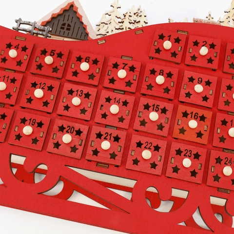 Hölzerner Weihnachts-Adventskalender LED Leuchtende Schlittenform Mit 24 Schubladen Für Feiertags-Countdown Heimdeko Geschenk
