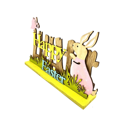 Ornement de Lapin en Bois de Pâques Inscription Happy Easter Décoration de Bureau Découpe Laser Multi Couches Buis