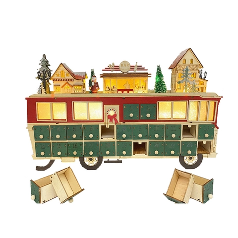 Calendrier de l'Avent de Noël en Bois Compte à Rebours 24 Jours LED Illuminé Forme de Bus Peint Décoration de Table Maison