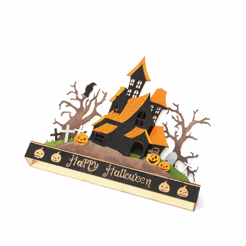 Halloween Holz Spukhaus LED Licht Ornament Buchsbaum Grusel Kürbis 3D Schloss Tischdekoration Für Festliche Party Haus Dekoration
