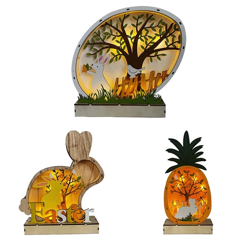 LED Legno Pasqua Ornamento Coniglio Bunny Decorazione Desktop Cavo 3D Taglio Laser Luce Notturna Bagliore Caldo Decorazioni Casa