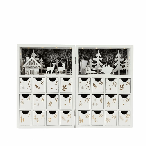 Weißer Adventskalender Aus Holz Mit LED-Licht Mehrere Schubladen Rentier-Silhouette Countdown-Kalender Geschenk Haus Dekoration