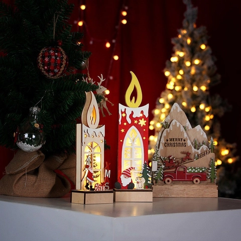 Ornamento Candela LED in Legno di Natale Legno Dipinto Decorazione Albero di Natale Renna Babbo Natale Intagliata Tavolo Regalo Festival