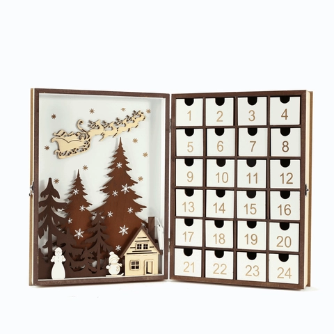 Calendario dell Avvento in Legno Con Luce LED 24 Cassetti MDF Ornamento Natalizio per Decorazione Tavola Casa