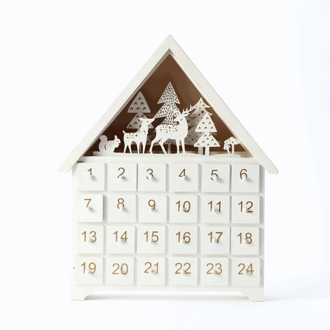 Wooden Christmas Advent Calendar House 24 Drawers Led Lights White Laser Cut Forest Scene Holiday Countdown Decoration