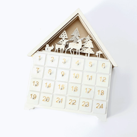 Wooden Christmas Advent Calendar House 24 Drawers Led Lights White Laser Cut Forest Scene Holiday Countdown Decoration