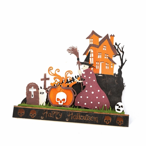 Halloween Strega Casa Stregata Legno Luce LED Ornamento da Tavolo Fantasma Castello Zucca Arredamento Festa Casa Regalo