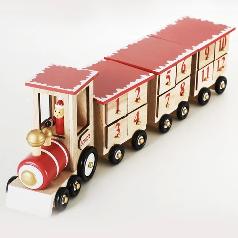 Calendrier de l Avent Train de Noël en Bois Boîte de Rangement Père Noël Peint Décoration de Table pour Maison
