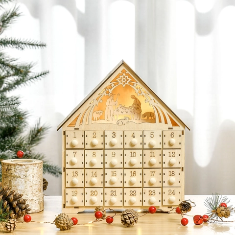 Nativity Scene Wooden Christmas Advent Calendar Cabinet With Warm LED Light 24 Drawers Holiday Countdown Tabletop Ornament
