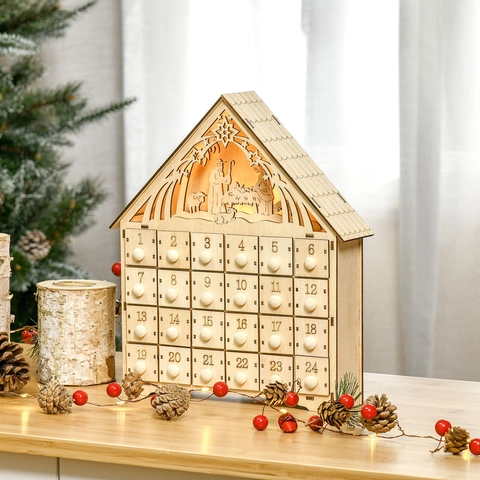 Nativity Scene Wooden Christmas Advent Calendar Cabinet With Warm LED Light 24 Drawers Holiday Countdown Tabletop Ornament