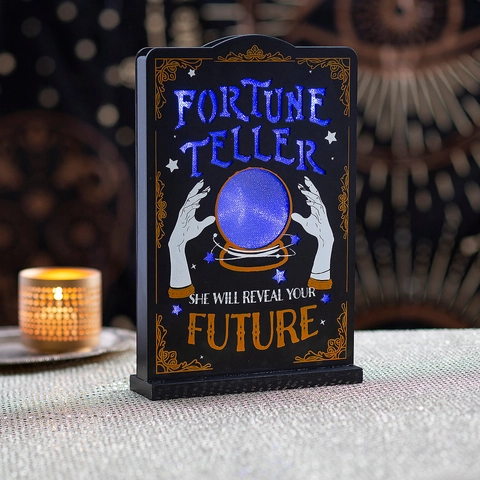 Targa in Legno Vintage con LED di Halloween Fortune Teller Misteriosa Sfera di Cristallo Motivo Mani Decorazione Tavolo per Festa Casa