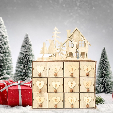 Christmas Advent Calendar Wooden Storage Box 12 Drawers Countdown Gift Box For Jewelry Chocolate Reindeer House Decor
