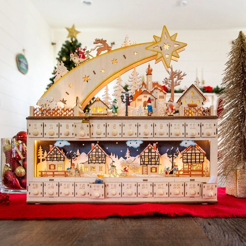 Calendario de Adviento de Madera de Navidad Con Luces LED 24 Cajones Escena de Pueblo de Invierno Decoración Tradicional
