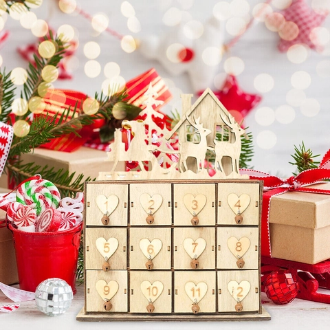 Christmas Advent Calendar Wooden Storage Box 12 Drawers Countdown Gift Box For Jewelry Chocolate Reindeer House Decor