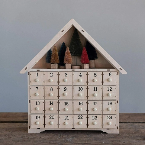 Calendario dell'Avvento in Legno di Natale Con 24 Cassetti Forma di Casa Conto alla Rovescia Decorazione da Scrivania