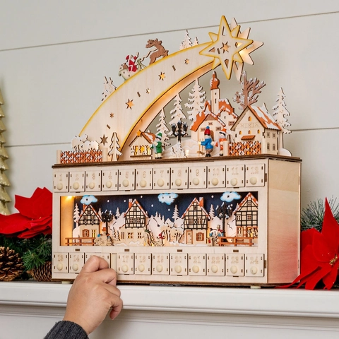 Calendario de Adviento de Madera de Navidad Con Luces LED 24 Cajones Escena de Pueblo de Invierno Decoración Tradicional