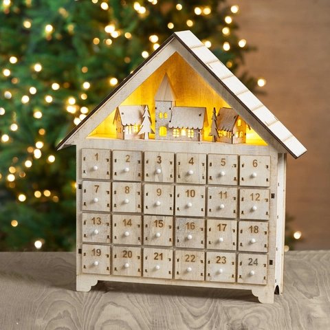 Calendario dell'Avvento Natalizio in Legno Forma di Casa Con Luce LED Cassetti Conto alla Rovescia Decorazione da Tavolo
