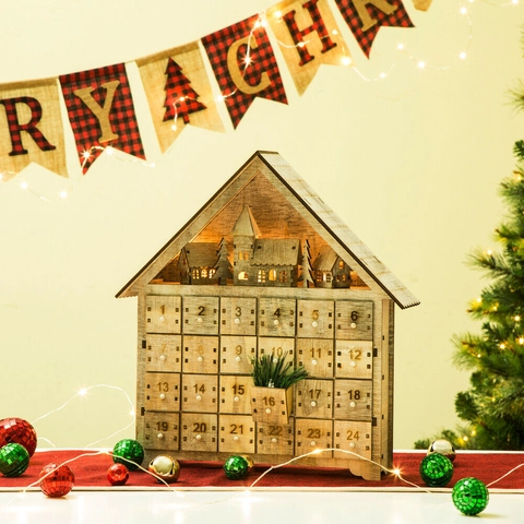 Calendario dell'Avvento Natalizio in Legno Forma di Casa Con Luce LED Cassetti Conto alla Rovescia Decorazione da Tavolo