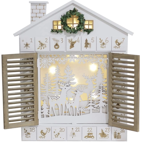 Christmas Wooden Advent Calendar With LED Lights Drawers Reindeer Forest House Shape Festive Countdown Decoration Gift Home