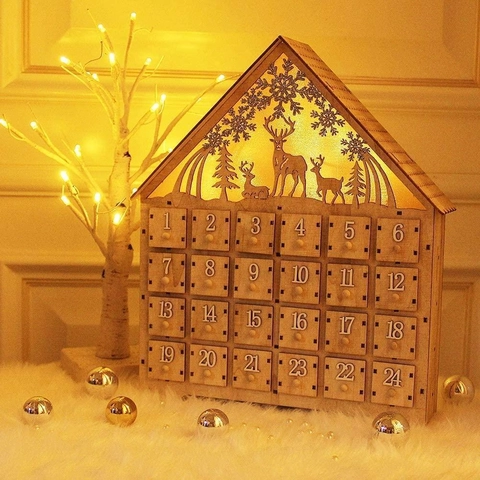 Calendario de Adviento de Navidad de Madera Casa Con Luces LED Reno Copos de Nieve Cuenta Regresiva Adorno de Decoración Hogar