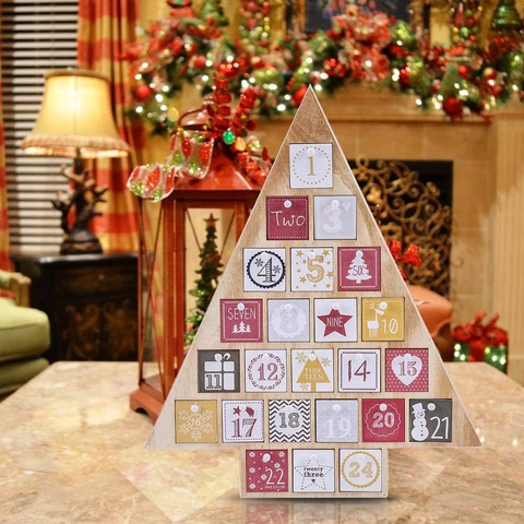 Calendrier de l'Avent en Bois Sapin de Noël Avec 24 Tiroirs de Compte à Rebours Motif Renne Bonhomme de Neige Décoration