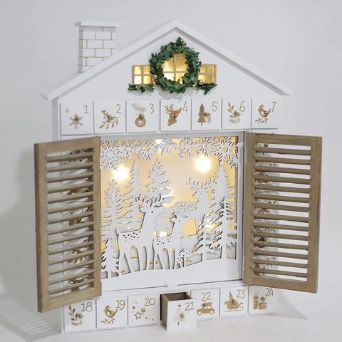 Christmas Wooden Advent Calendar With LED Lights Drawers Reindeer Forest House Shape Festive Countdown Decoration Gift Home
