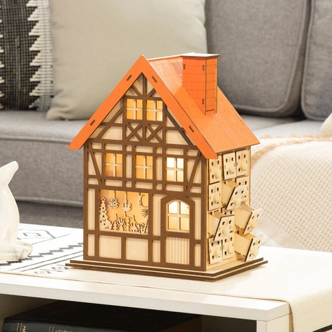 Wooden Christmas Advent Calendar House With Drawers LED Light Countdown Calendar Tabletop Decoration Festive Holiday Gift