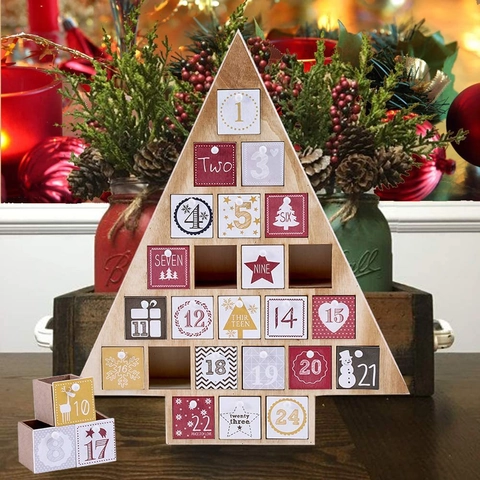 Calendrier de l'Avent en Bois Sapin de Noël Avec 24 Tiroirs de Compte à Rebours Motif Renne Bonhomme de Neige Décoration